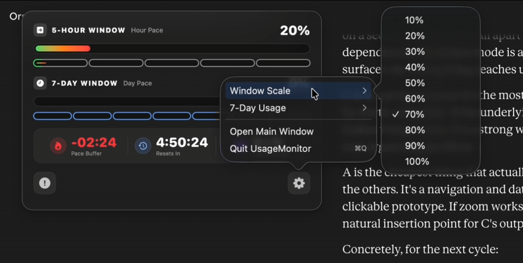 Usage Monitor widget — detailed view with window scale menu
